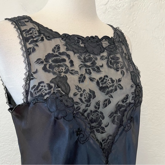 Vintage Slip Dress Black Satin Mesh Embroidered Goth Gothic Whimsigoth Small S - Picture 2 of 14